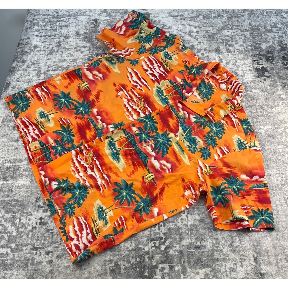 Vtg Royal Creations Hawaii Men 4XL Short Sleeve‎ Shirt 90s Tropical Orange Kayak